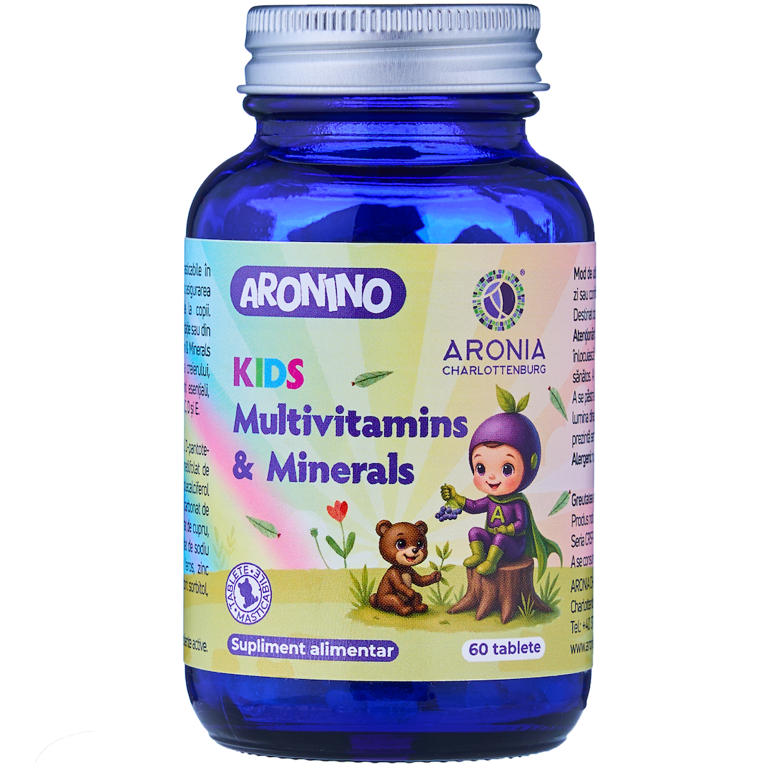 Aronino Kids Multivitamins & Minerals — 60 tablete masticabile care oferă copiilor 12 vitamine și 10 minerale esențiale pentru o creștere armonioasă