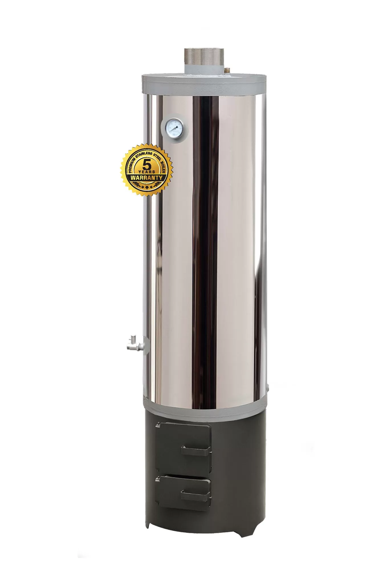 Boiler pe lemne FM Group din inox cu focar cu usi din tabla 120 litri