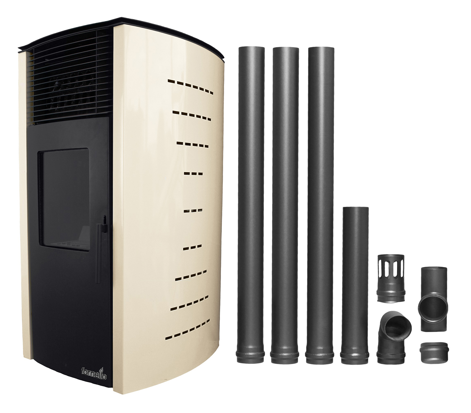 Pachet complet pentru incalzire Semineu  (soba) pe peleti cu tiraj fortat Fornello Stela 10 KW