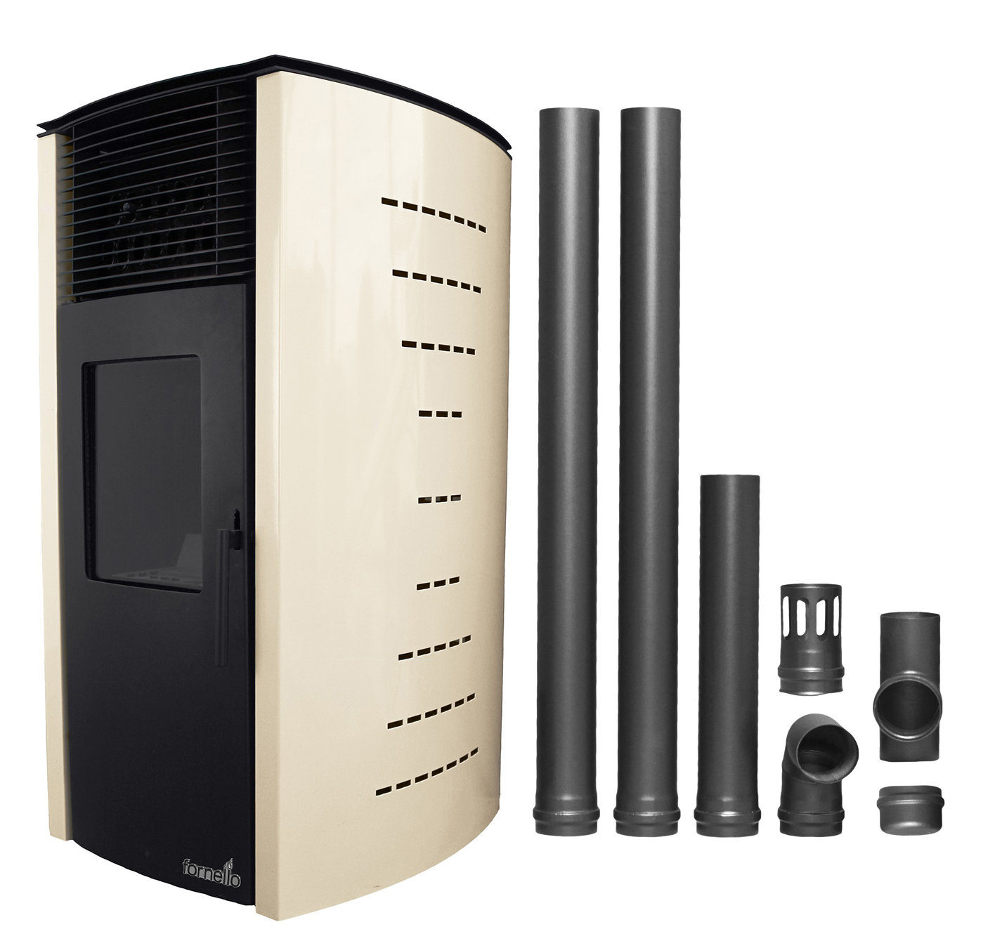 Pachet complet pentru incalzire Semineu  (soba) pe peleti cu tiraj fortat Fornello Stela 10 KW