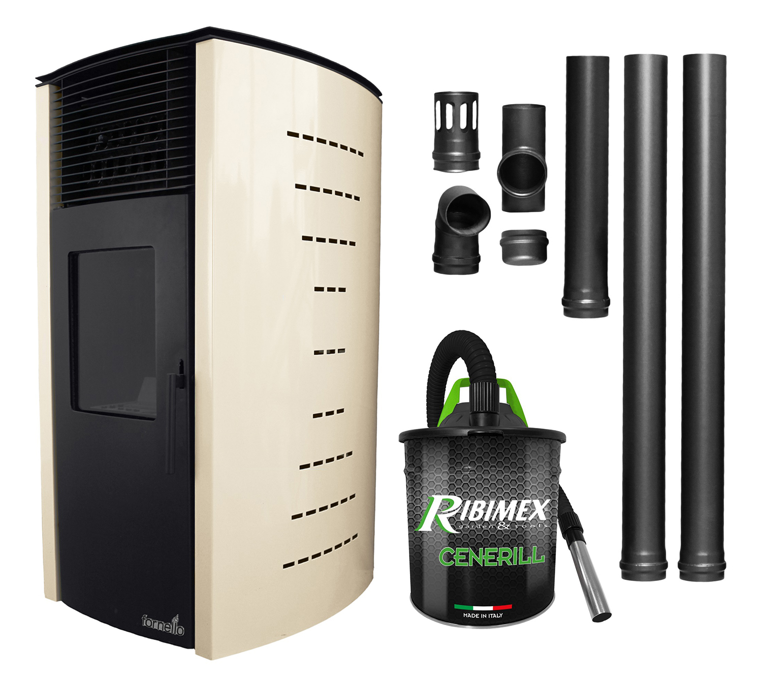 Pachet complet pentru incalzire Semineu  (soba) pe peleti cu tiraj fortat Fornello Stela 10 KW