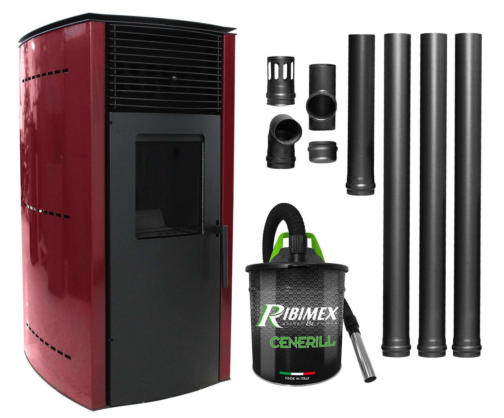 Pachet complet pentru incalzire Semineu  (soba) pe peleti cu tiraj fortat Fornello Stela 10 KW