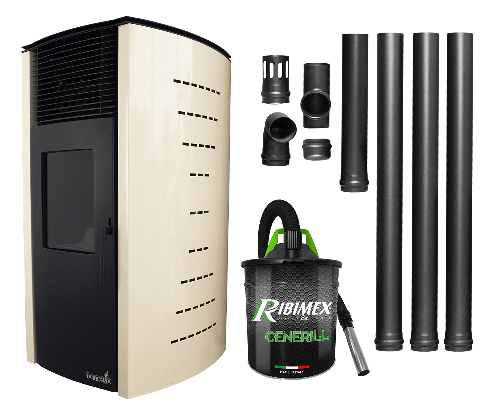 Pachet complet pentru incalzire Semineu  (soba) pe peleti cu tiraj fortat Fornello Stela 10 KW