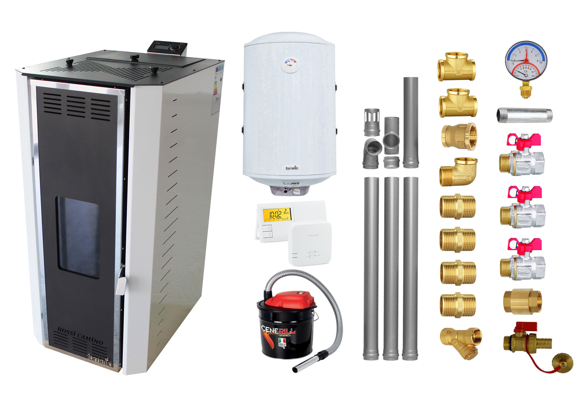 Pachet Termosemineu pe peleti Fornello Camino Rossi 25 kW